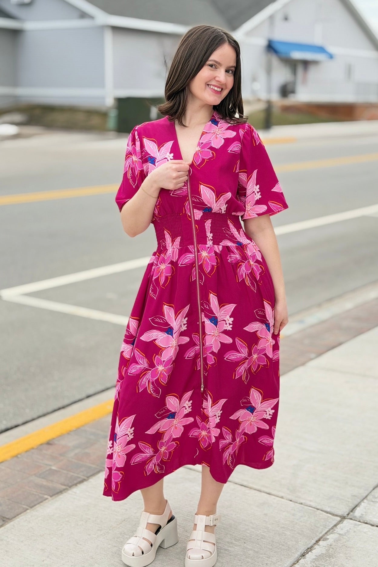 Floral Zip Front Midi Dress - Maroon