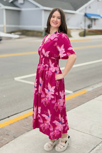 Floral Zip Front Midi Dress - Maroon