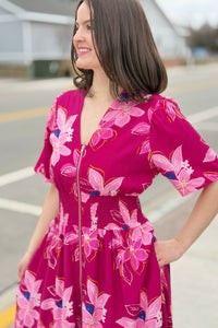 Floral Zip Front Midi Dress - Maroon