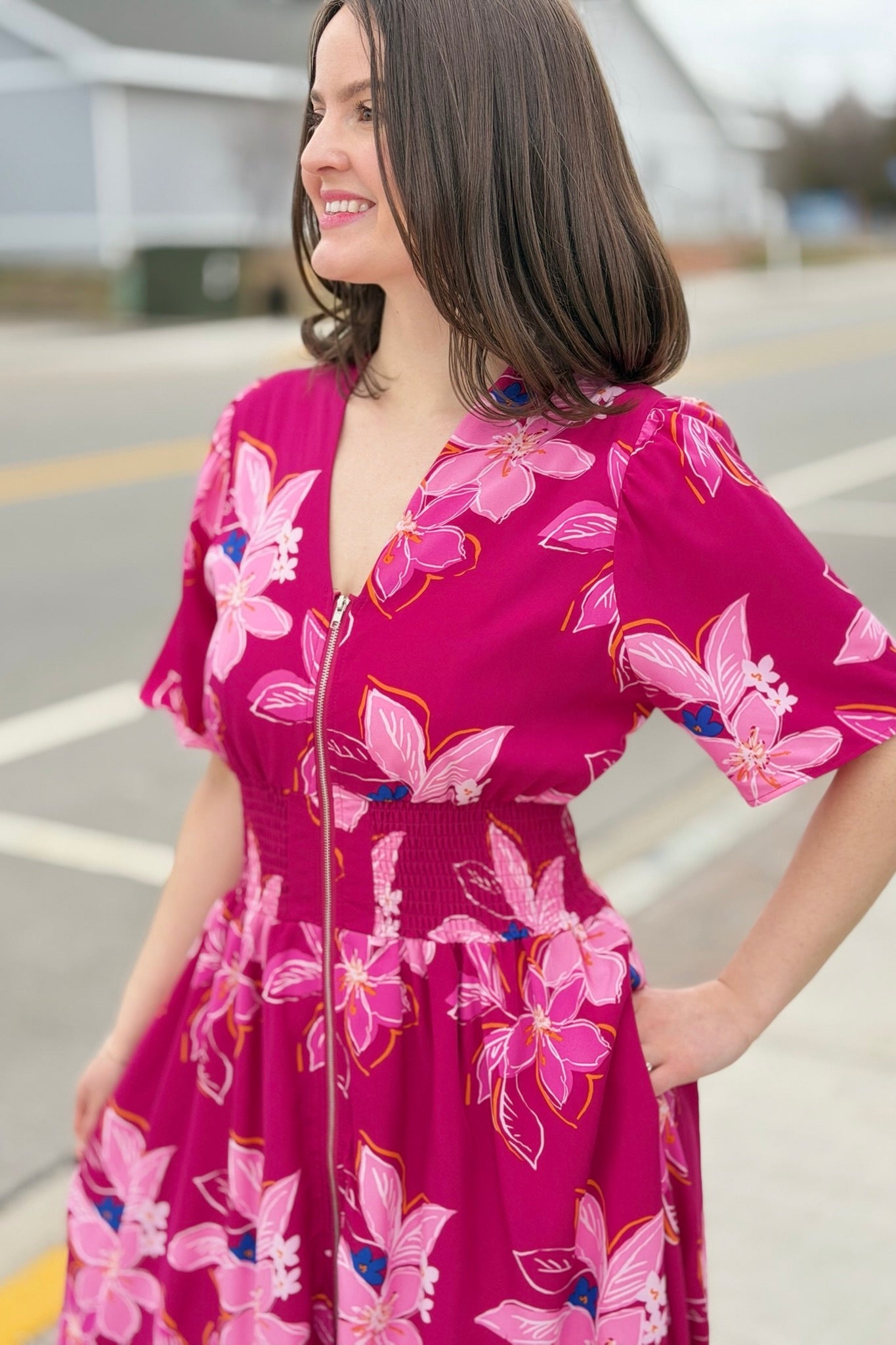 Floral Zip Front Midi Dress - Maroon
