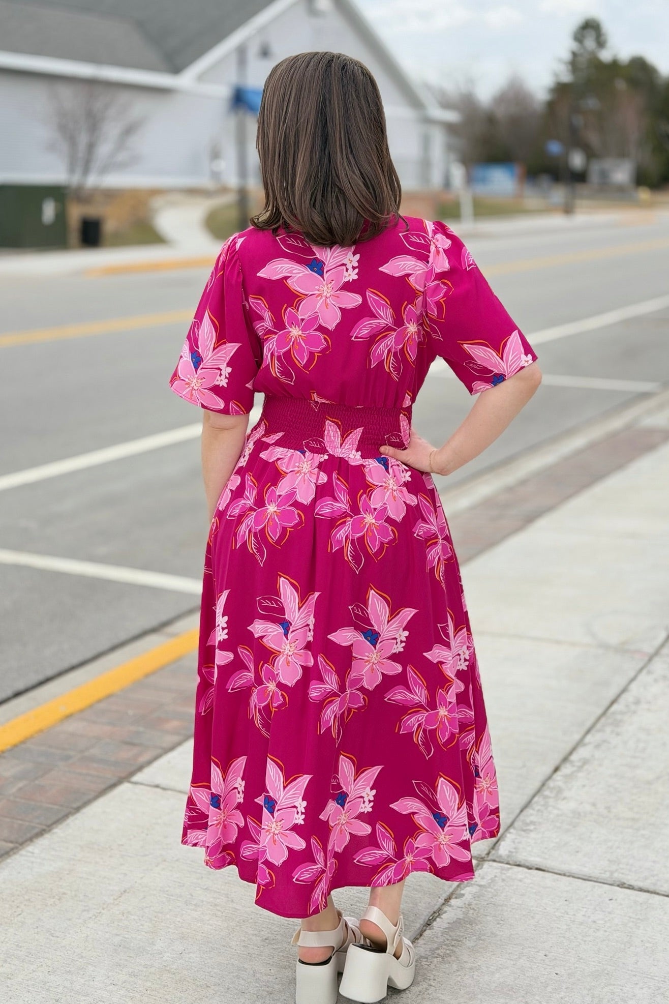Floral Zip Front Midi Dress - Maroon