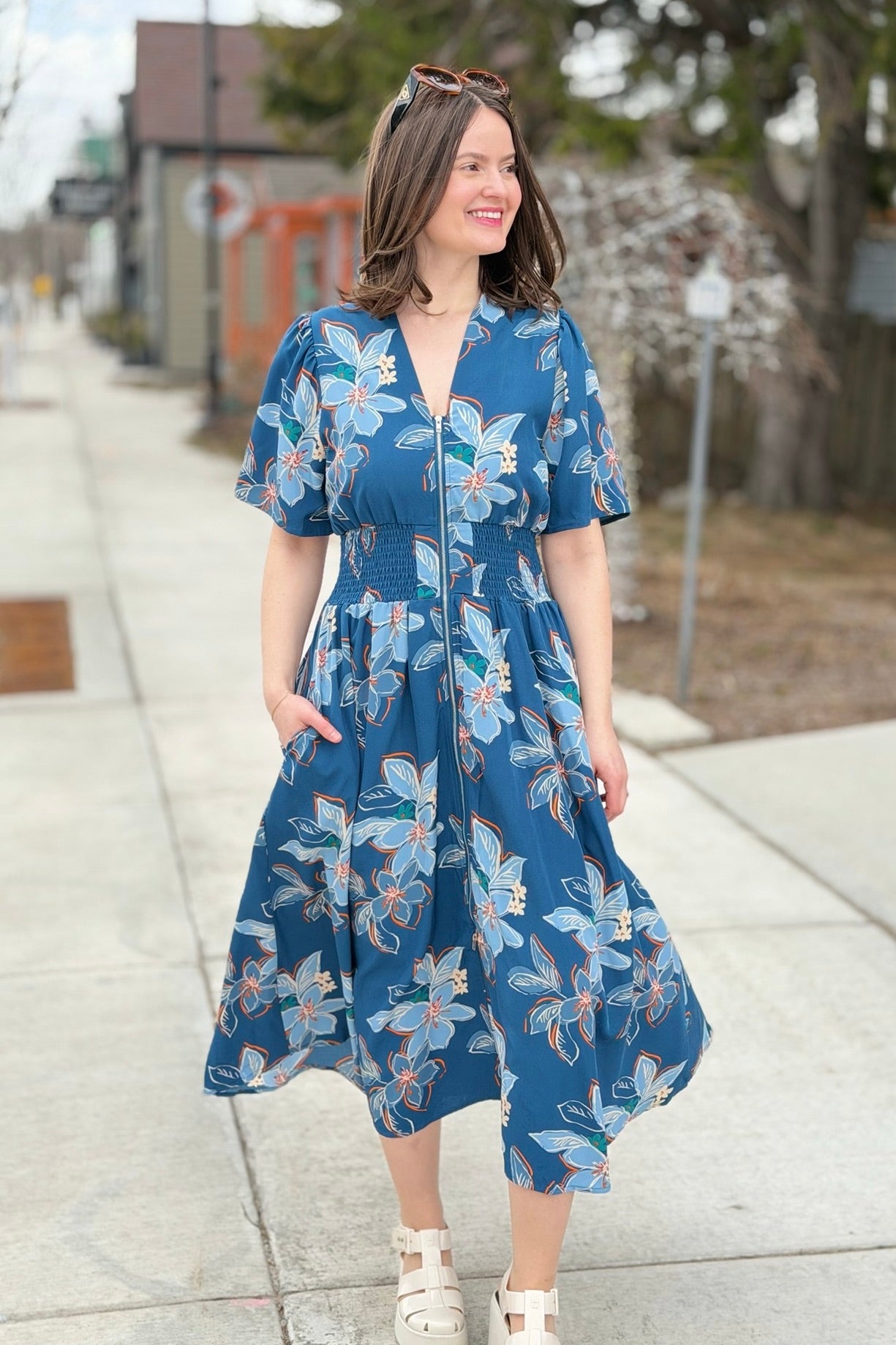 Floral Zip Front Midi Dress - Blue