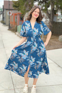 Floral Zip Front Midi Dress - Blue