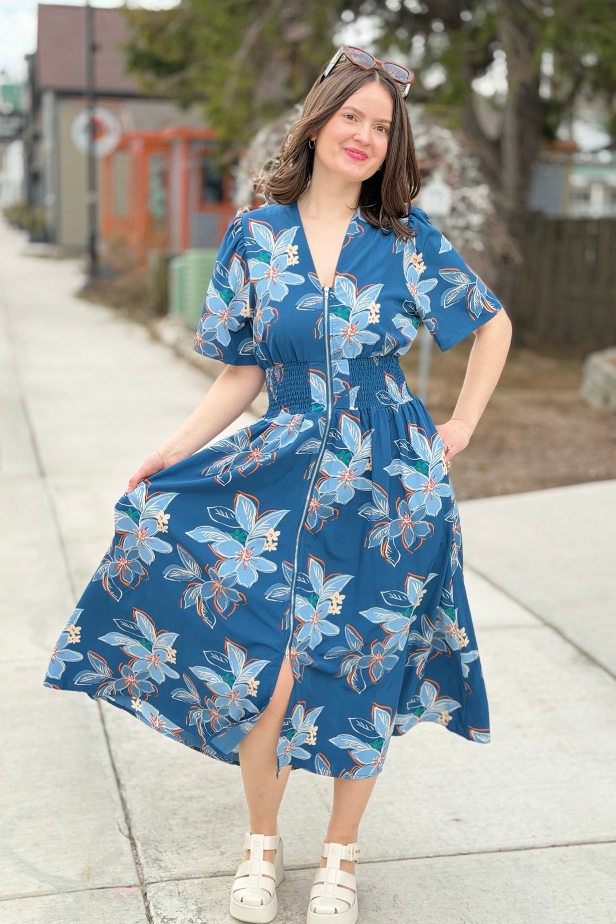 Floral Zip Front Midi Dress - Blue