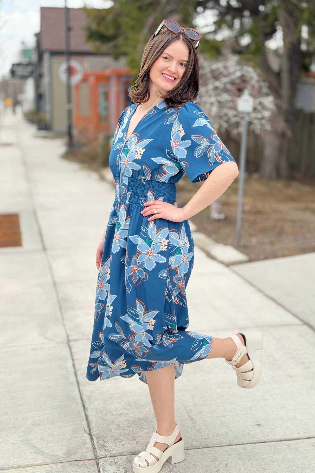 Floral Zip Front Midi Dress - Blue