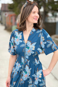 Floral Zip Front Midi Dress - Blue