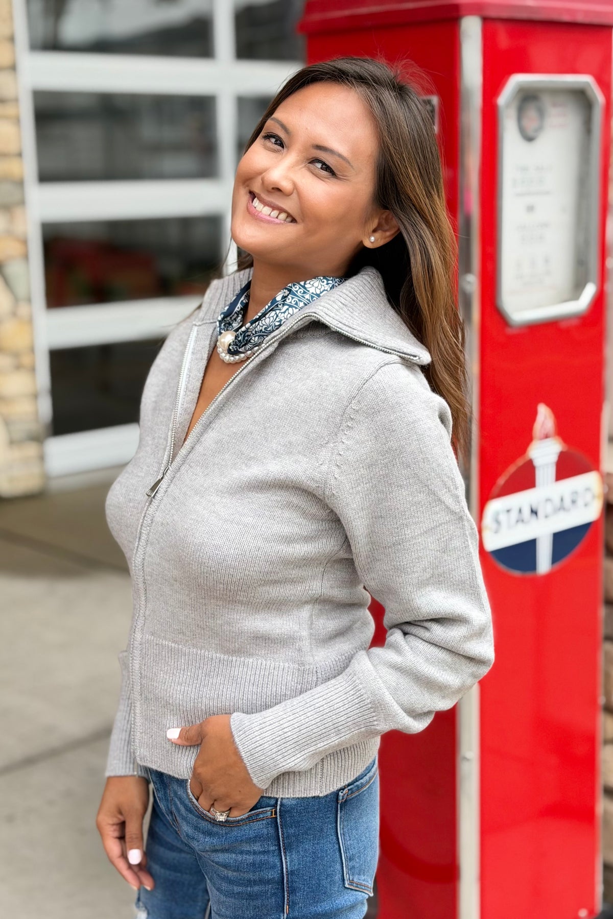 Zip Up Sweater with Big Collar - Light Grey