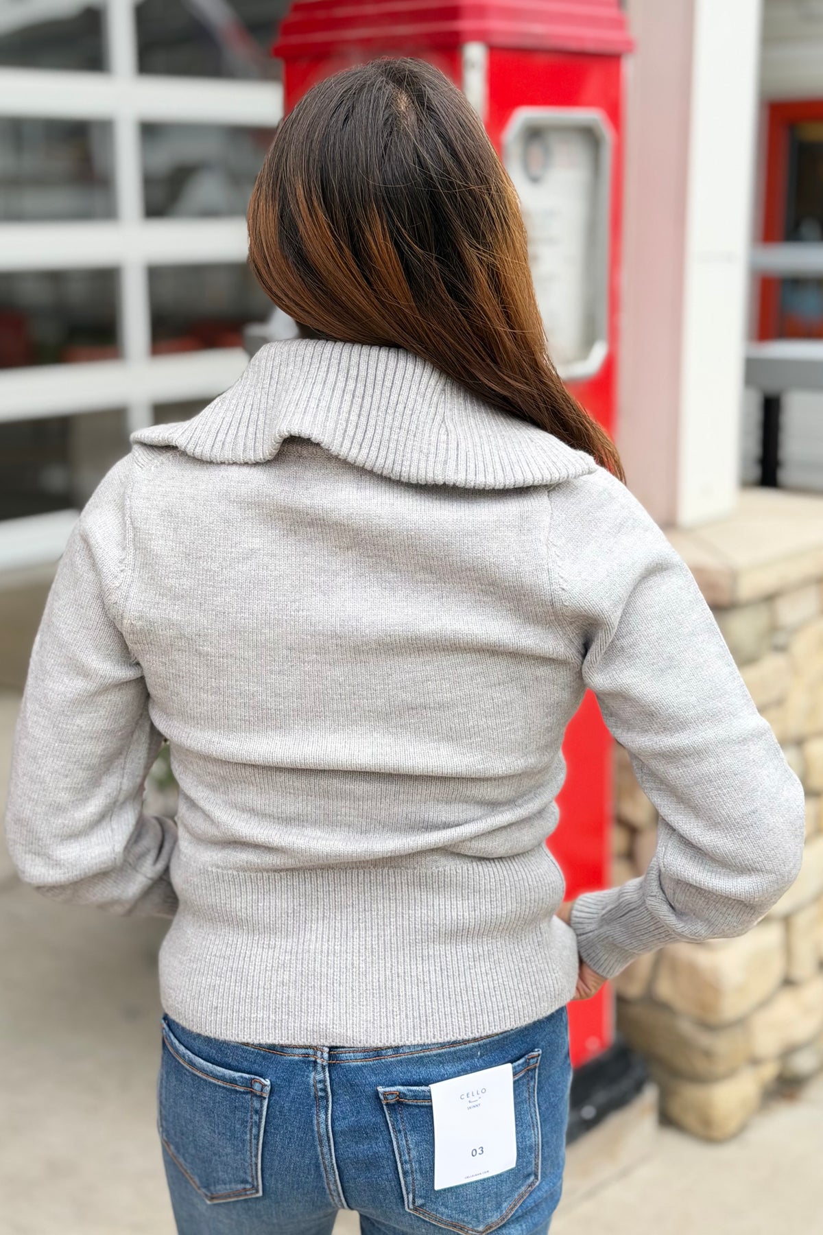 Zip Up Sweater with Big Collar - Light Grey