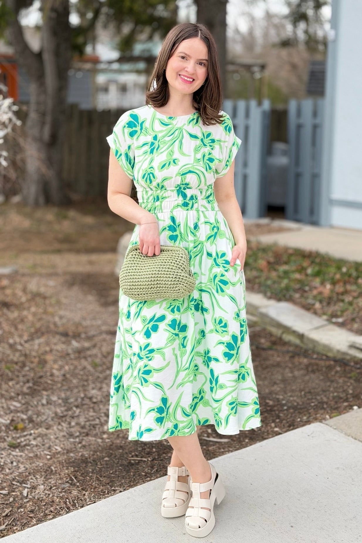 Drop Shoulder Floral Print Midi Dress