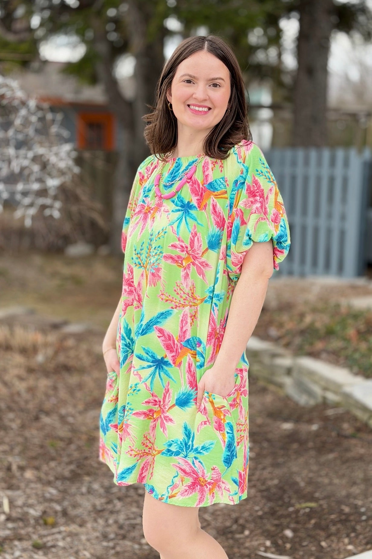 Tropical Bubble Sleeve Dress - Lime Green