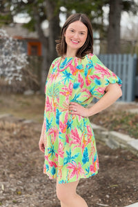 Tropical Bubble Sleeve Dress - Lime Green