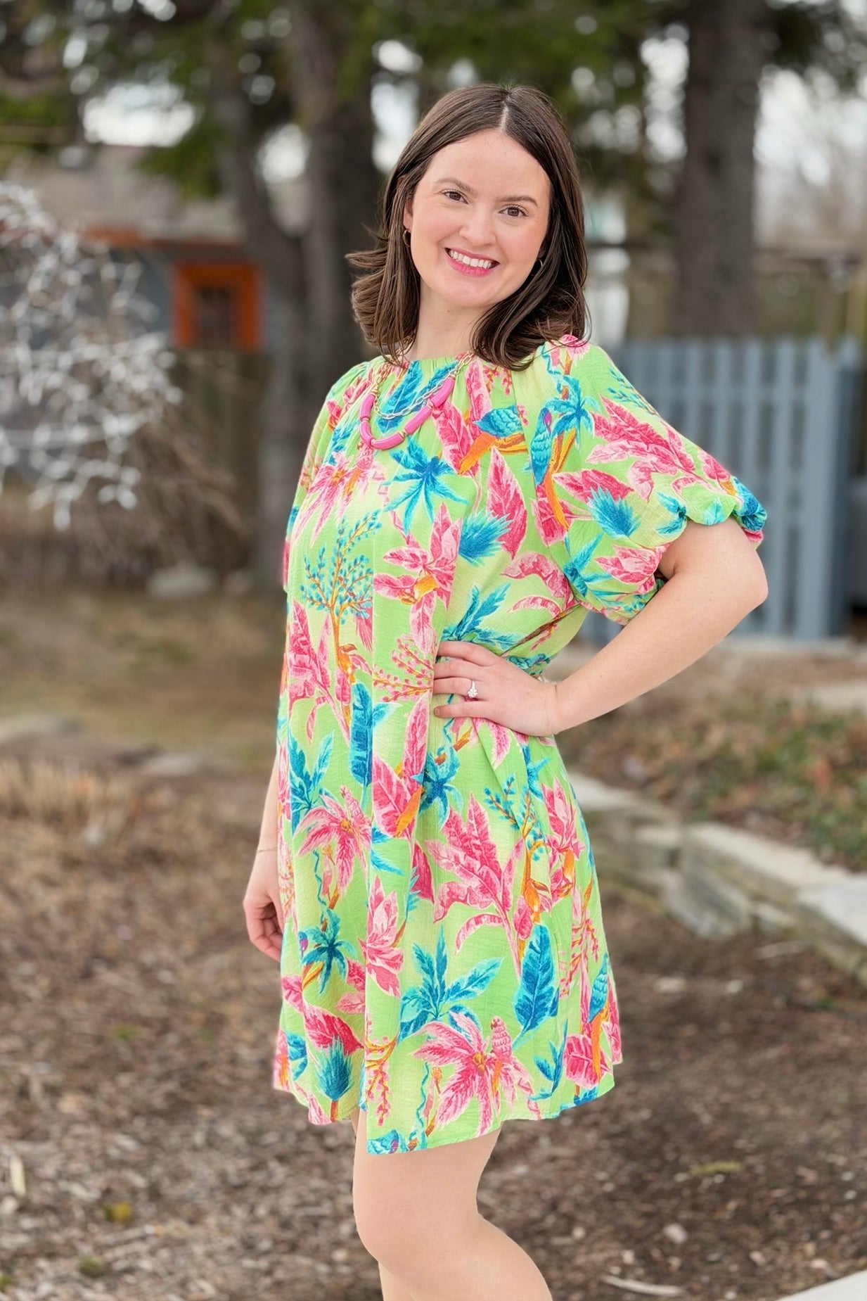 Tropical Bubble Sleeve Dress - Lime Green