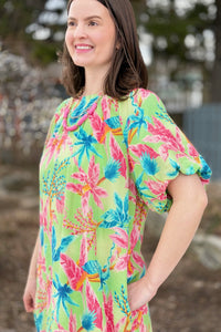 Tropical Bubble Sleeve Dress - Lime Green
