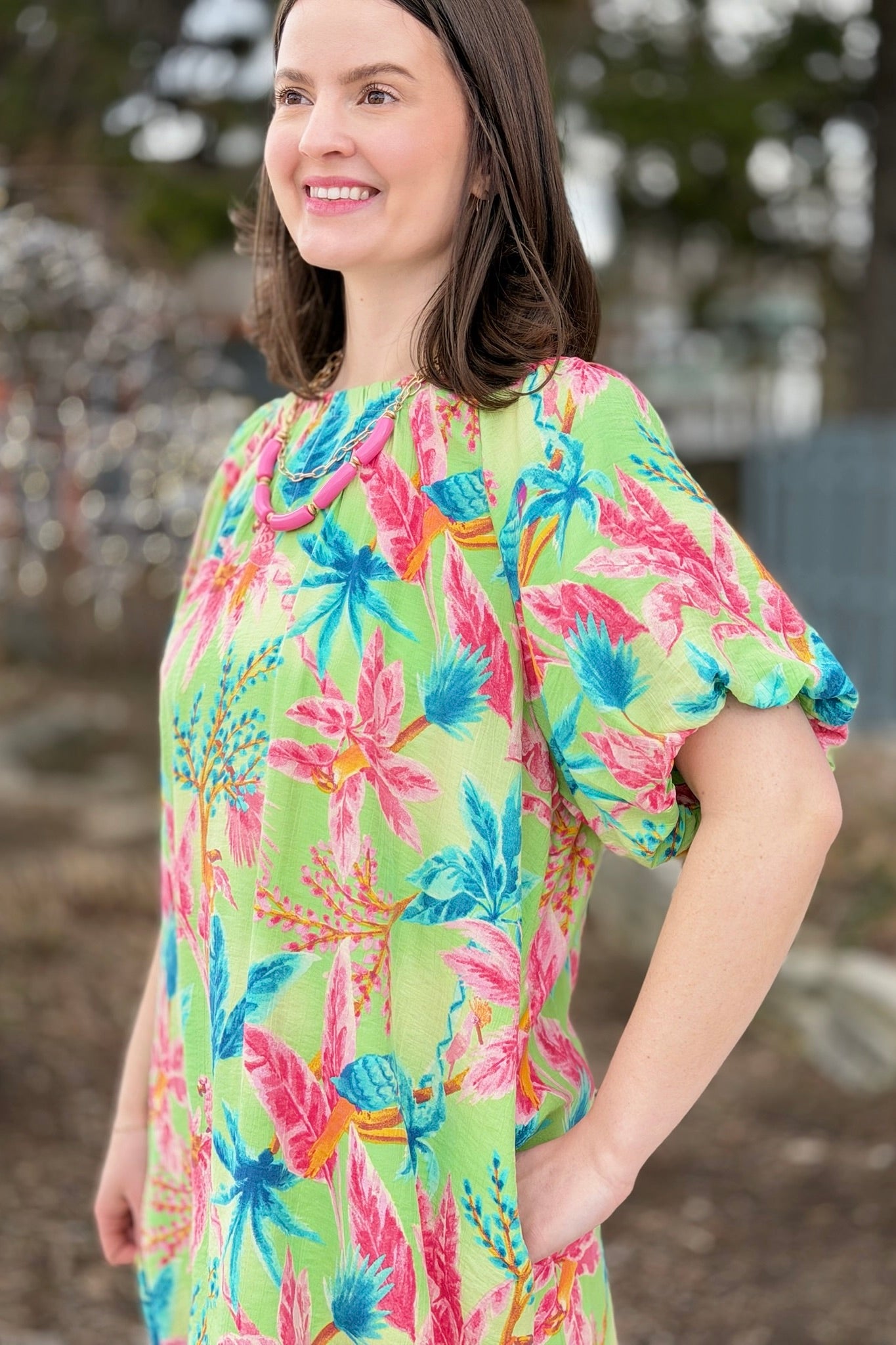 Tropical Bubble Sleeve Dress - Lime Green
