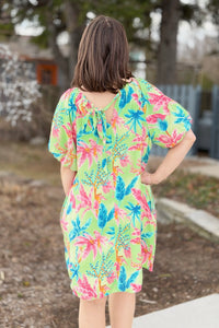 Tropical Bubble Sleeve Dress - Lime Green