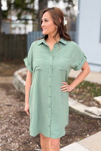 Button Up Shirt Dress - Olive