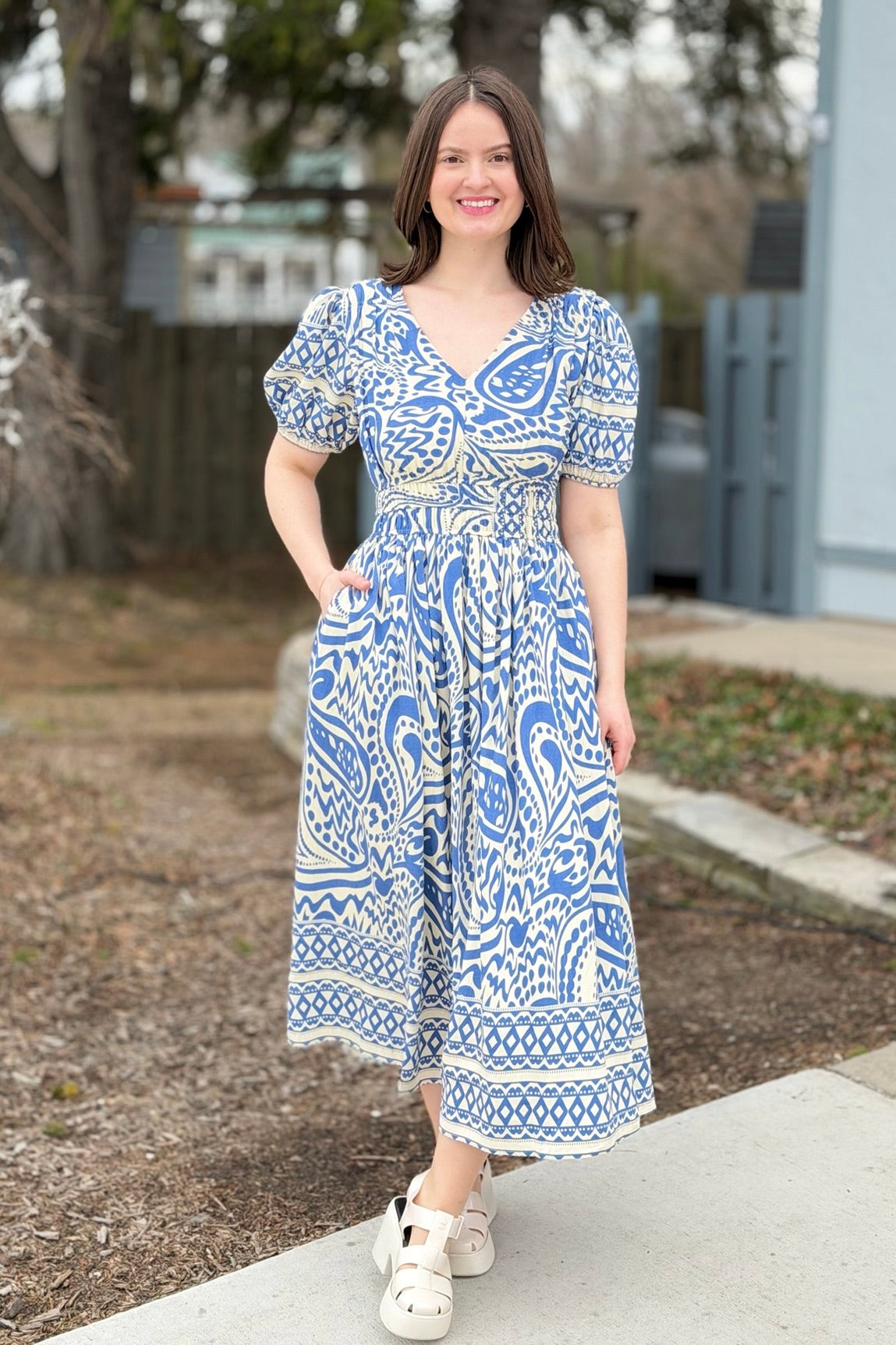Border Print Midi Dress - Blue