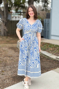 Border Print Midi Dress - Blue