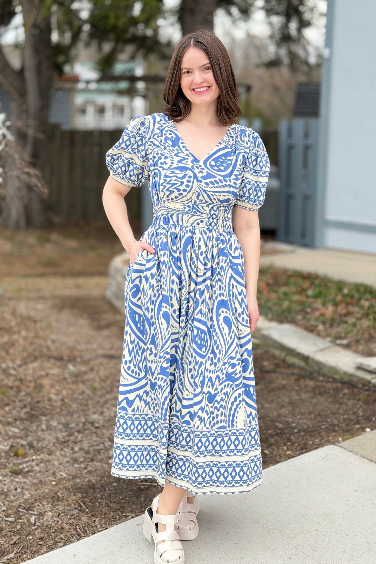 Border Print Midi Dress - Blue