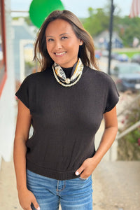Mock Neck Short Sleeve Sweater - Black