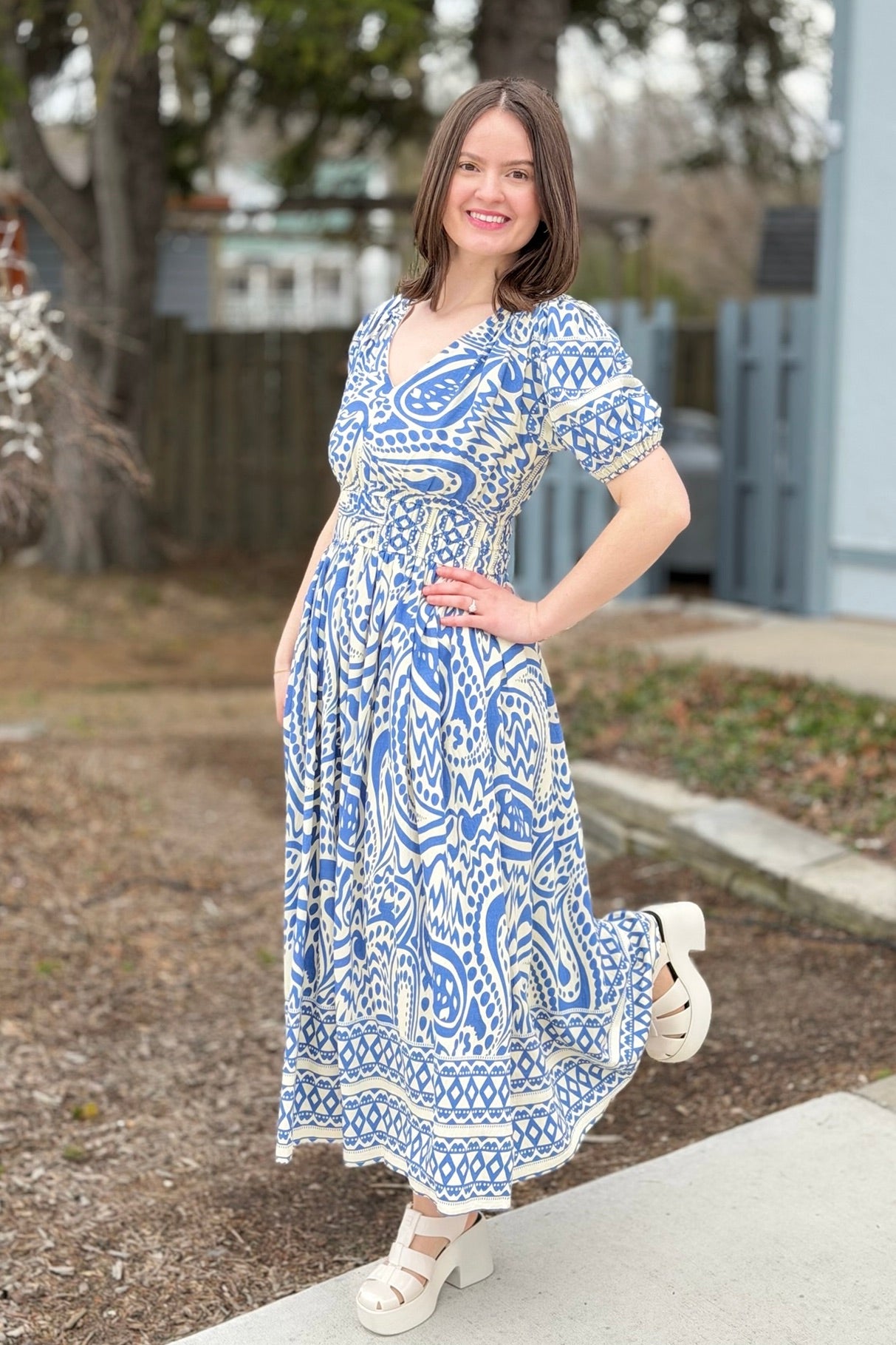 Border Print Midi Dress - Blue