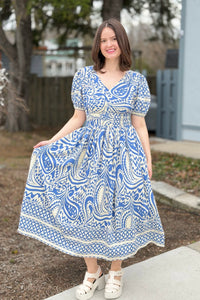 Border Print Midi Dress - Blue