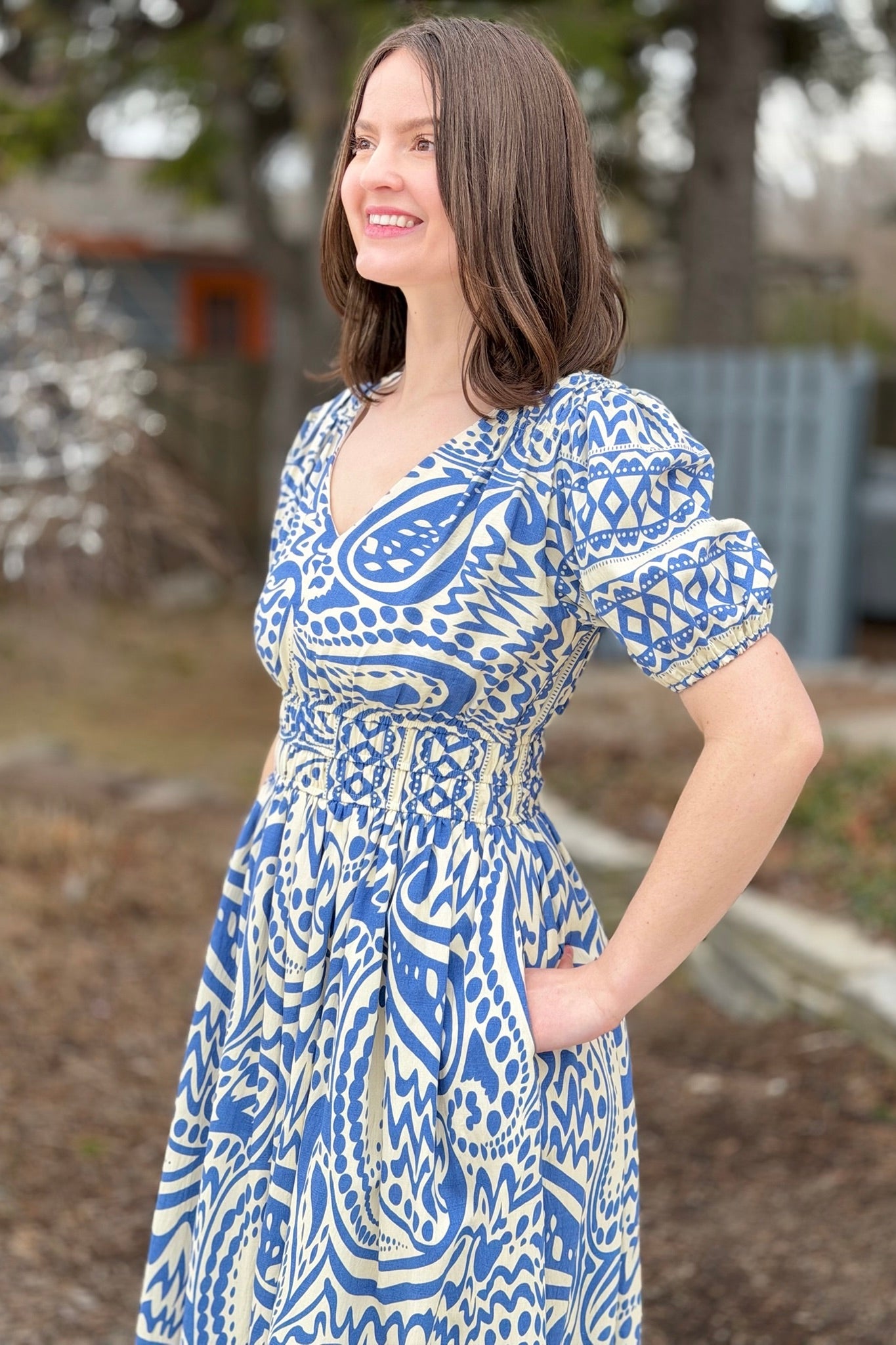 Border Print Midi Dress - Blue