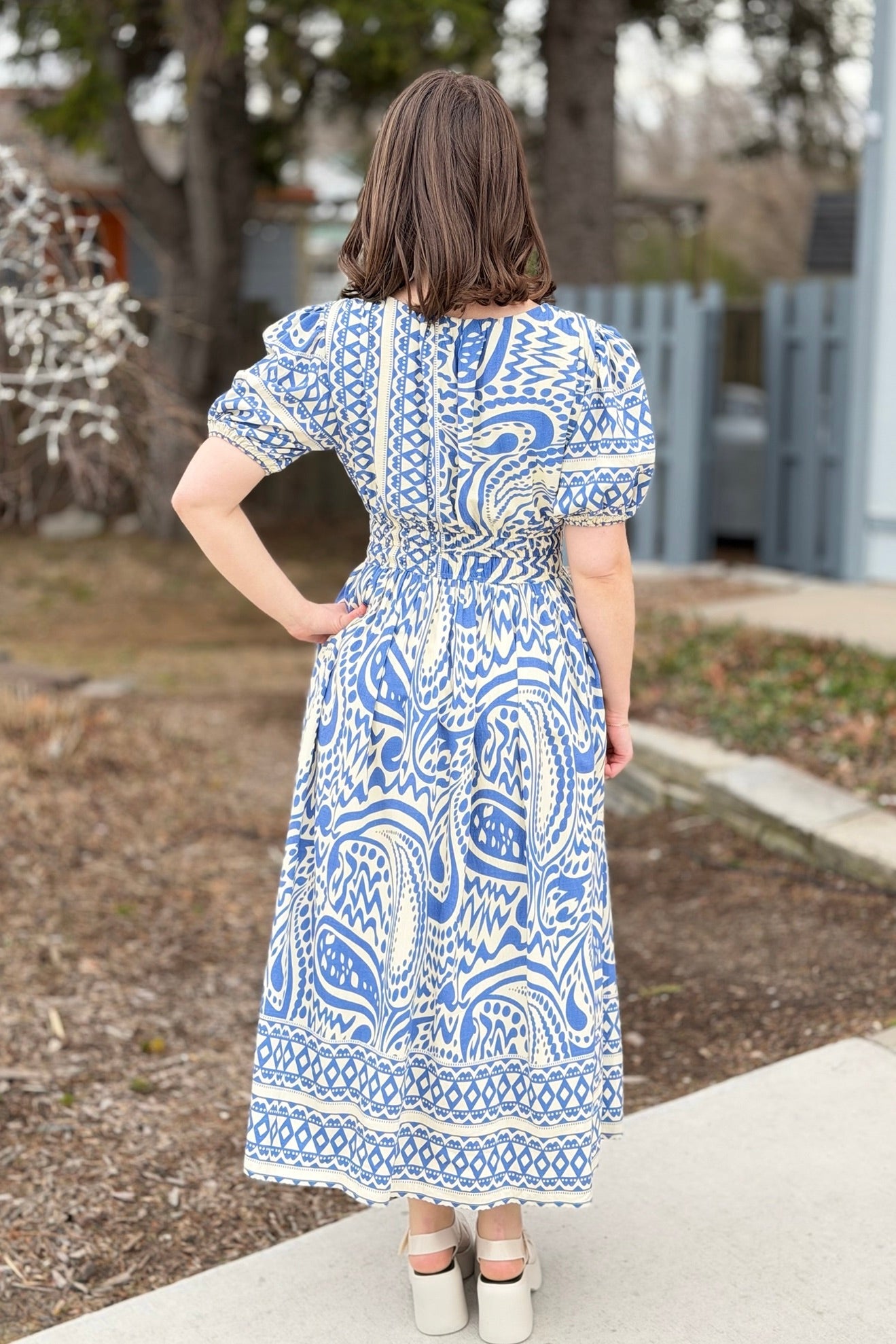 Border Print Midi Dress - Blue