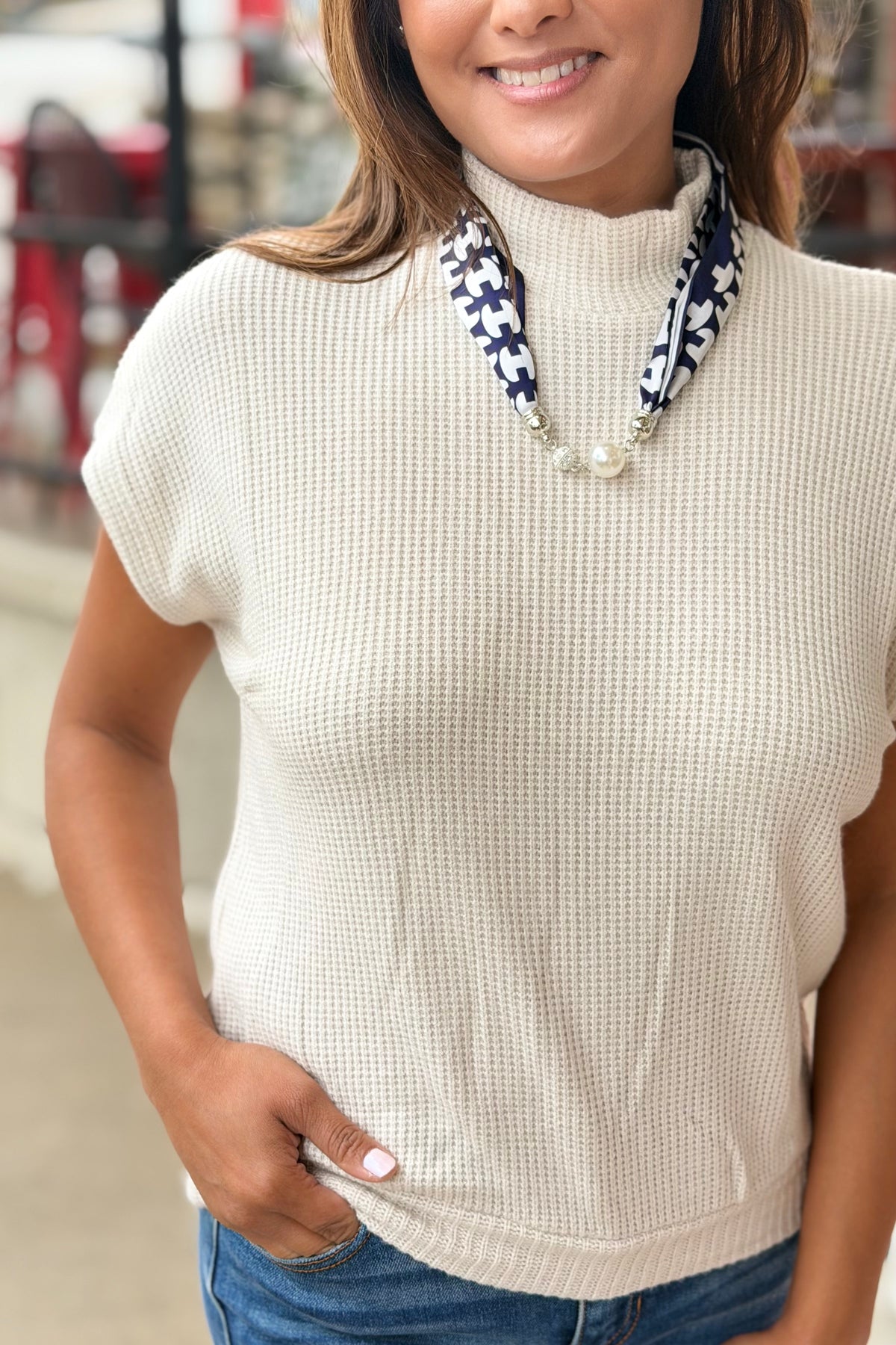 Mock Neck Short Sleeve Sweater - Sand
