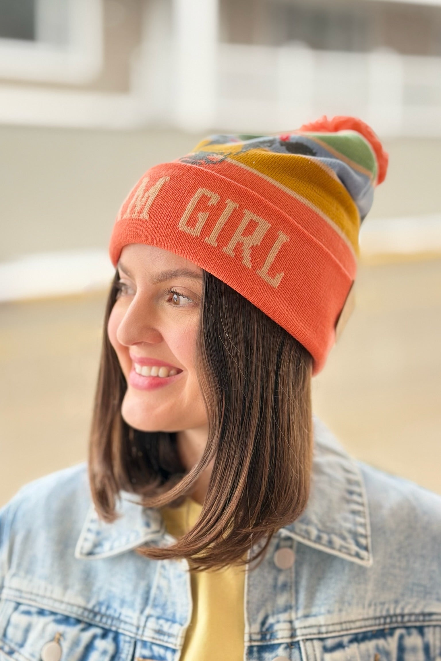Farm Girl Cow Knit Pom Pom Beanie