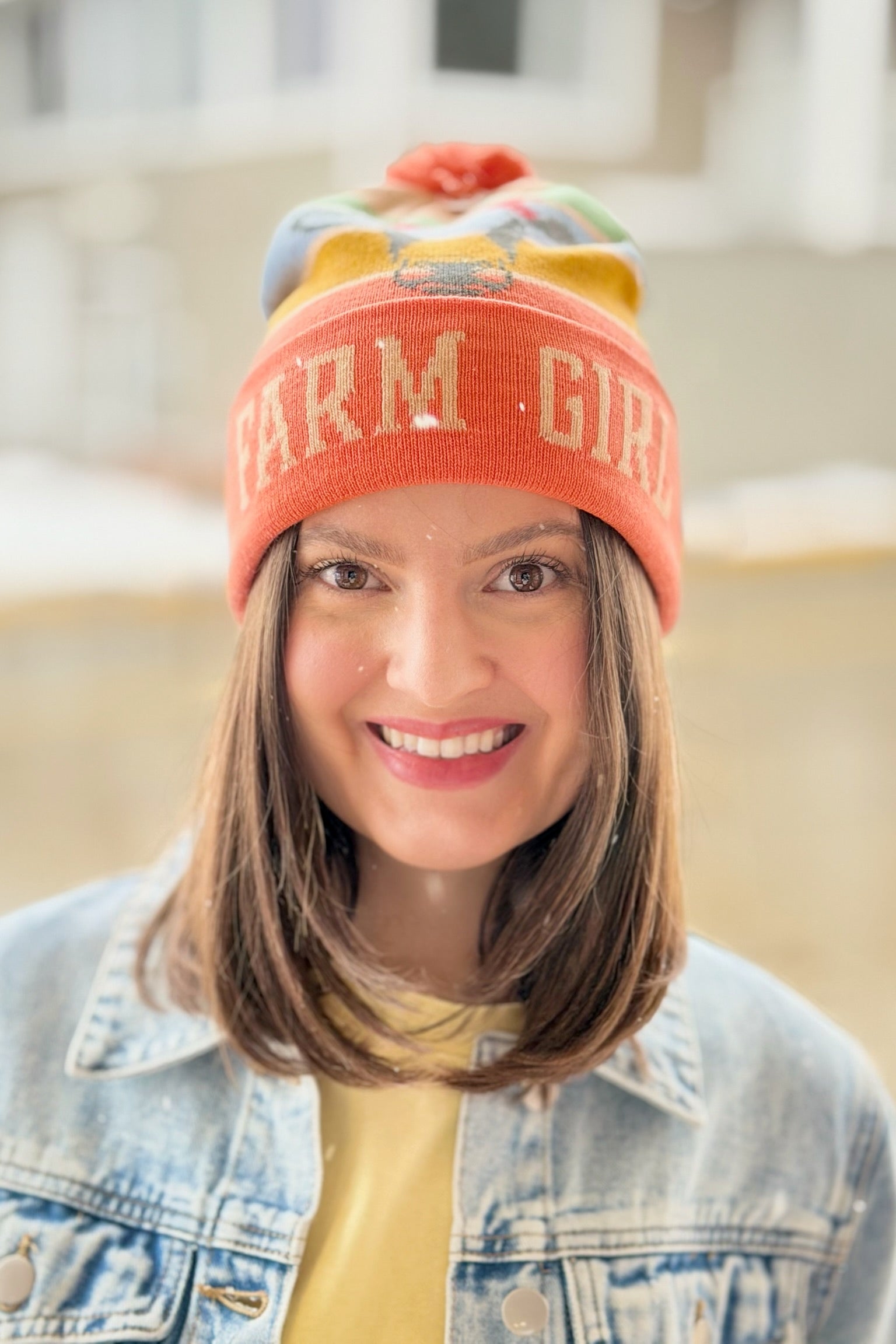 Farm Girl Cow Knit Pom Pom Beanie