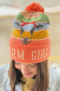 Farm Girl Cow Knit Pom Pom Beanie