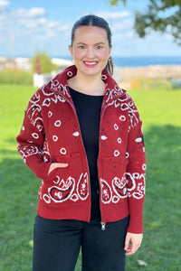 Paisley Sweater Zip Up Jacket - Red