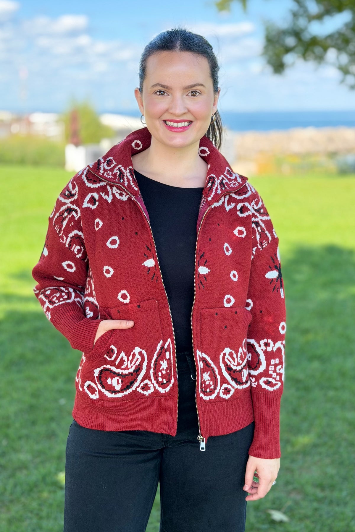Paisley Sweater Zip Up Jacket - Red