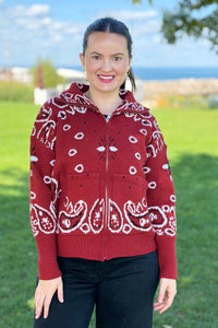 Paisley Sweater Zip Up Jacket - Red