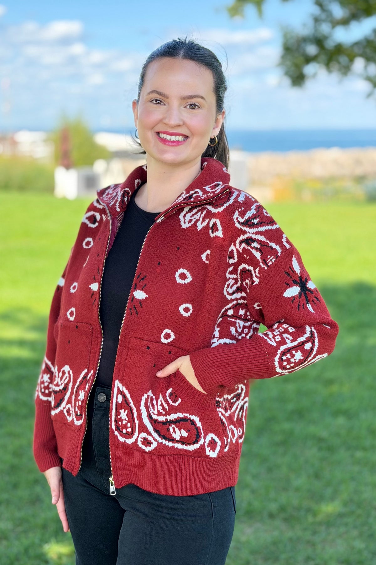 Paisley Sweater Zip Up Jacket - Red