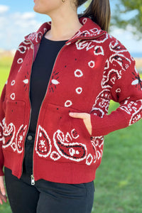 Paisley Sweater Zip Up Jacket - Red
