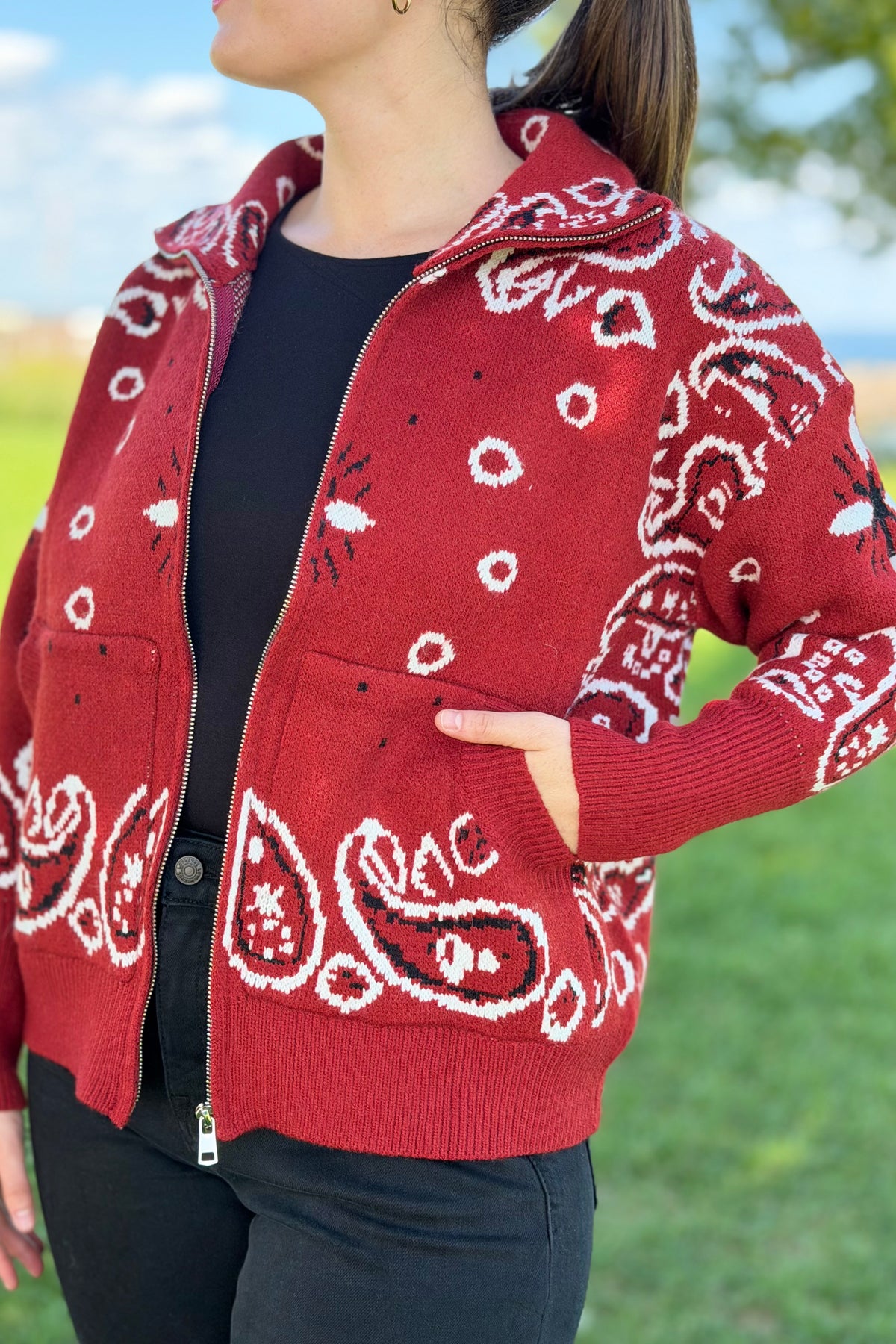 Paisley Sweater Zip Up Jacket - Red
