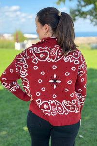 Paisley Sweater Zip Up Jacket - Red