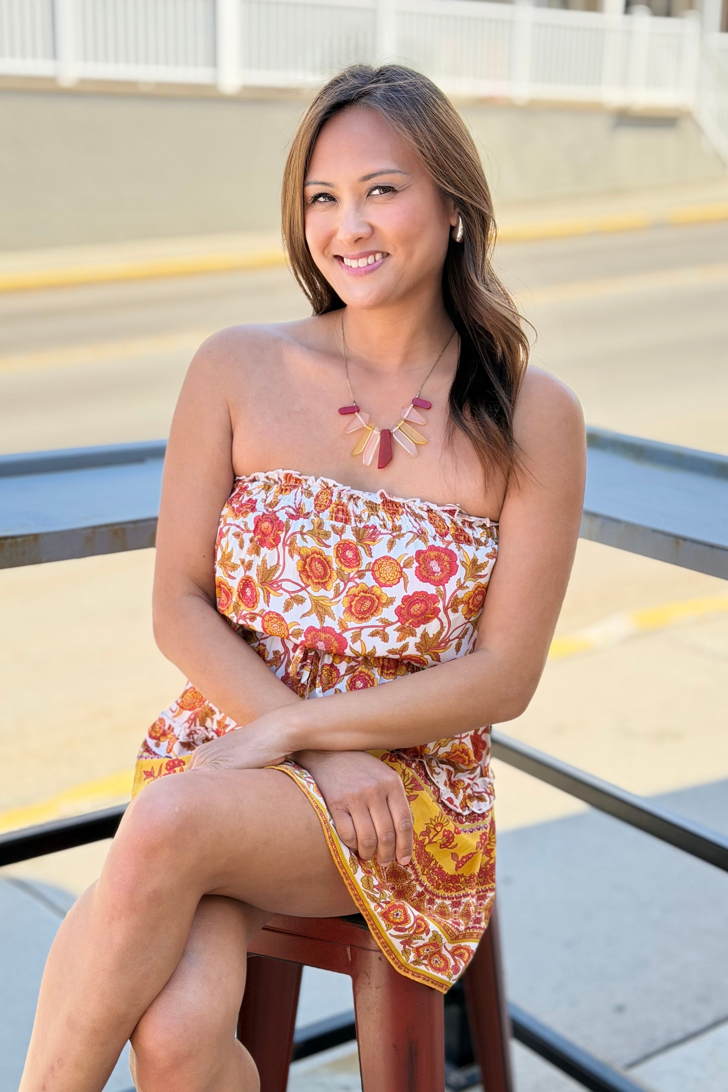 Strapless Cinched Waist Dress - Orange