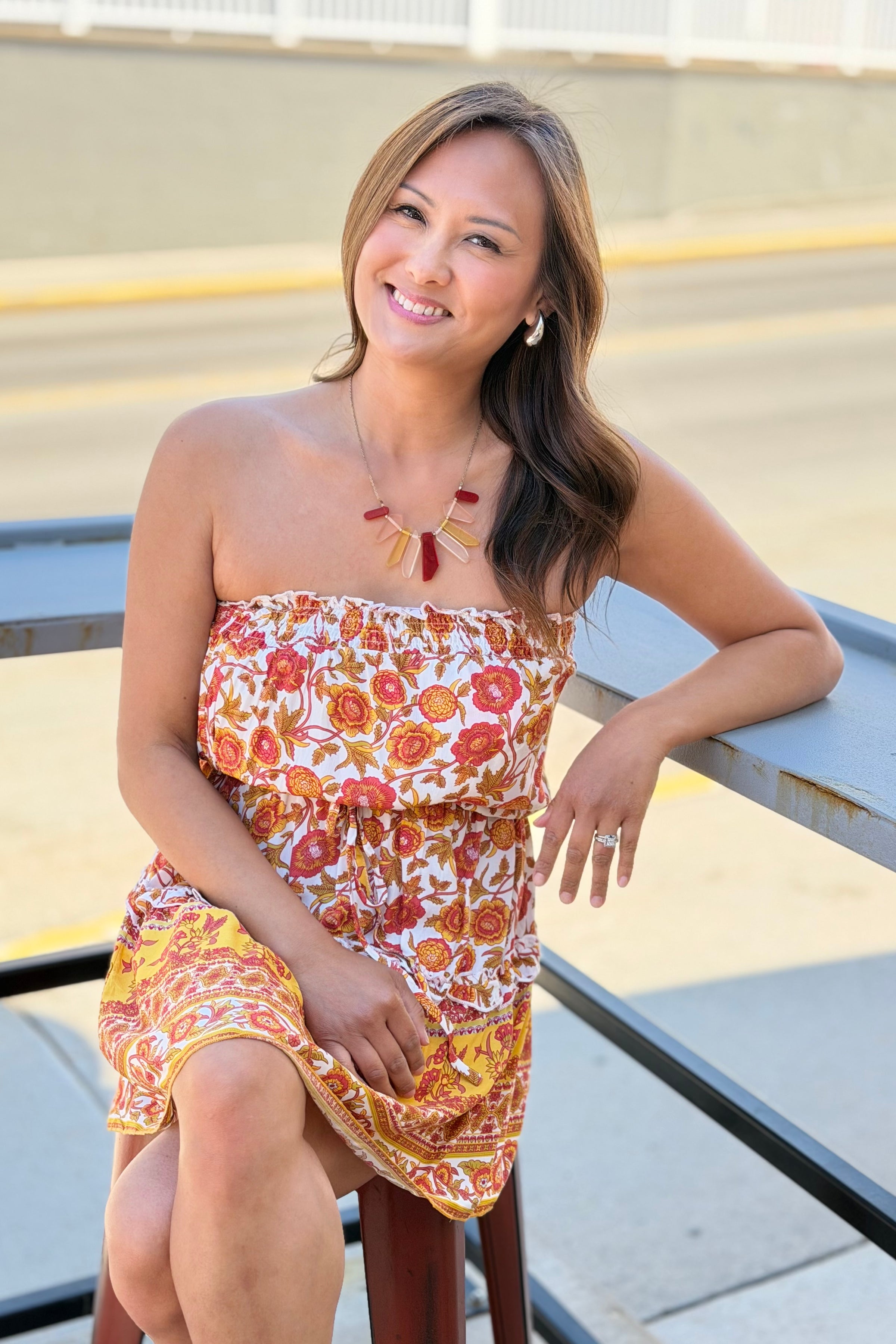Strapless Cinched Waist Dress - Orange