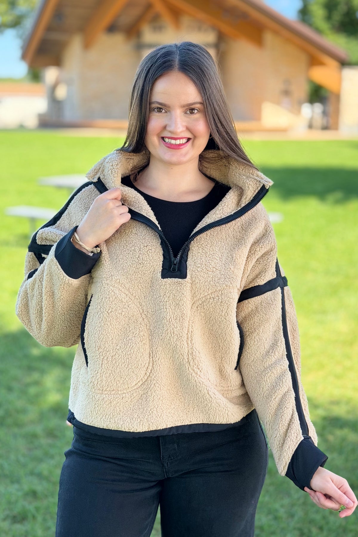 Half Zip Sherpa Fleece Sweatshirt - Tan