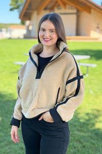 Half Zip Sherpa Fleece Sweatshirt - Tan