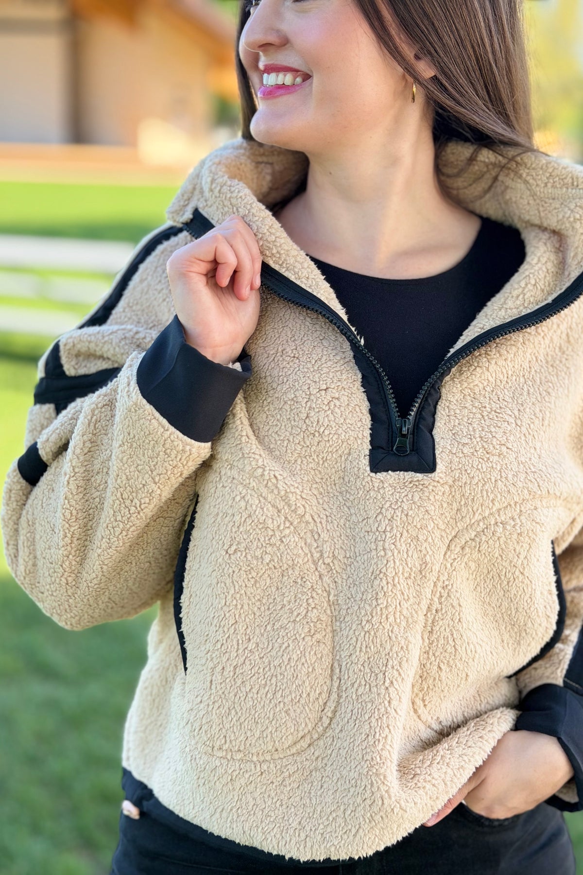 Half Zip Sherpa Fleece Sweatshirt - Tan