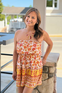 Strapless Cinched Waist Dress - Orange