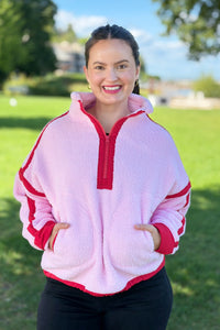 Half Zip Sherpa Fleece Sweatshirt - Pink