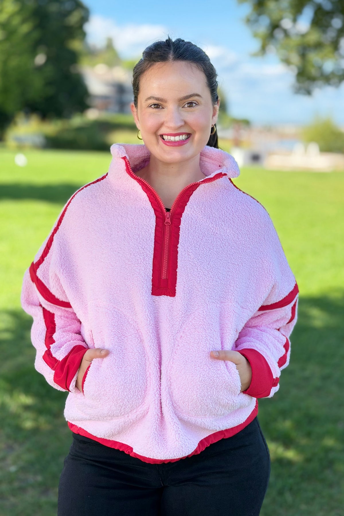 Half Zip Sherpa Fleece Sweatshirt - Pink