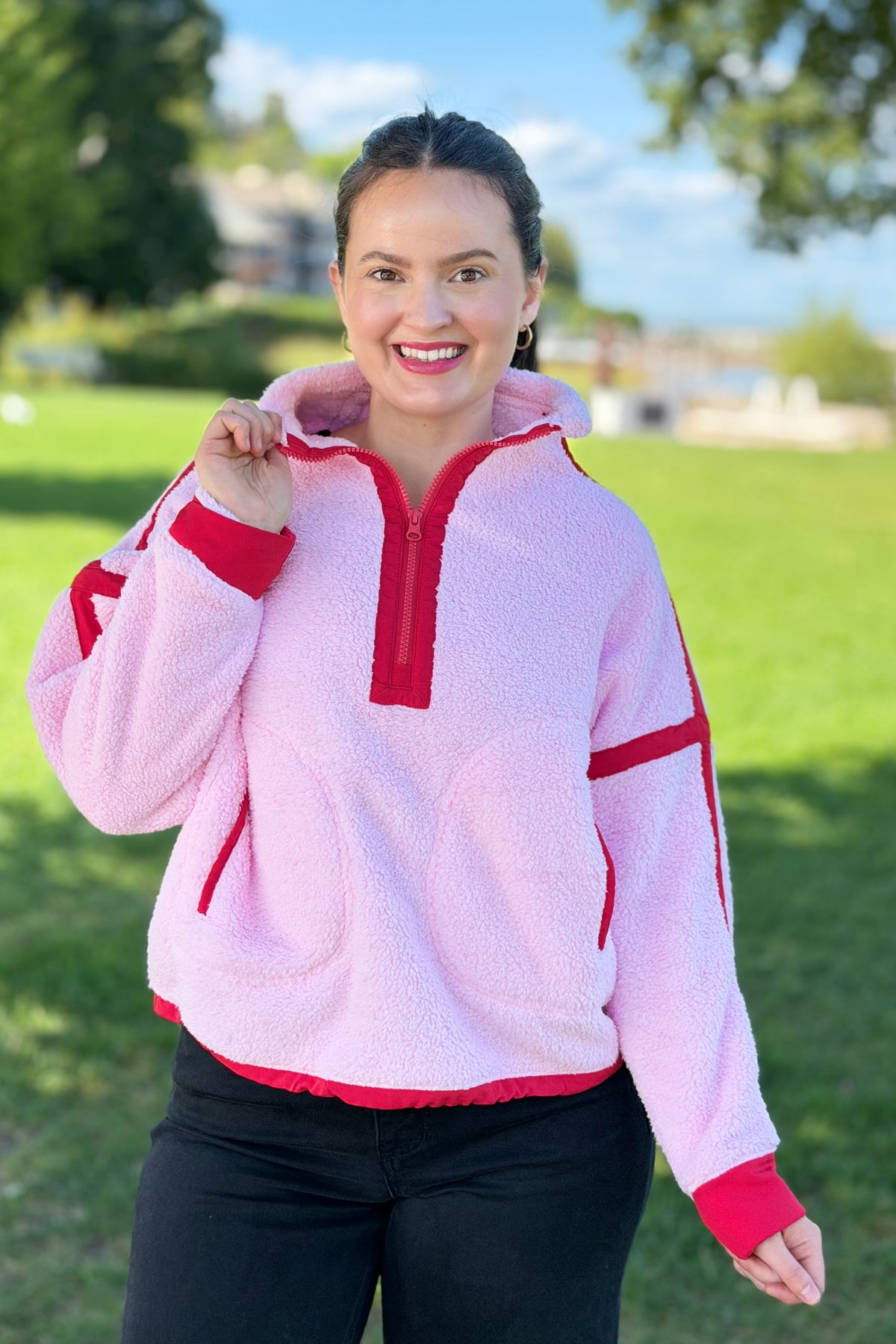 Half Zip Sherpa Fleece Sweatshirt - Pink