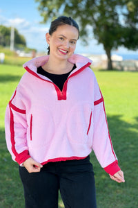 Half Zip Sherpa Fleece Sweatshirt - Pink