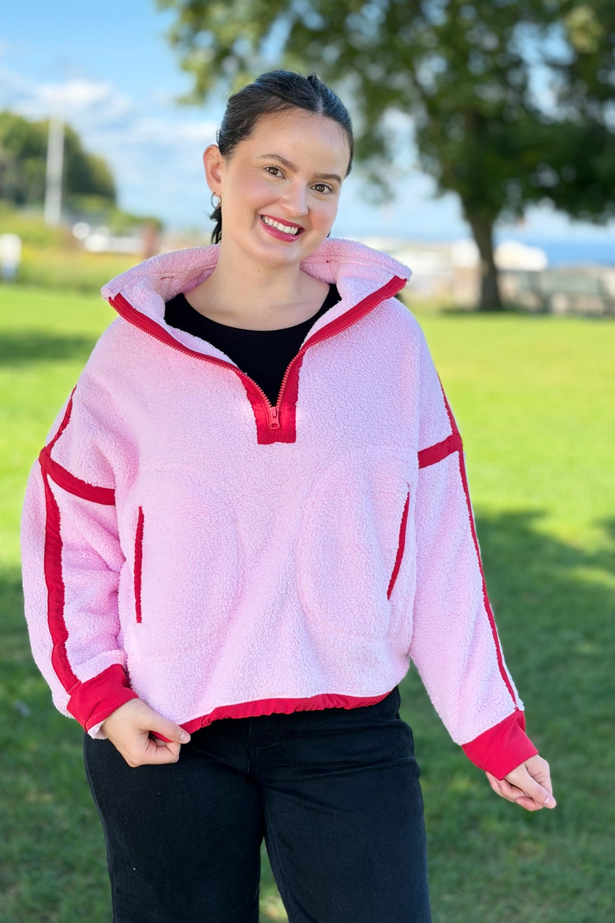 Half Zip Sherpa Fleece Sweatshirt - Pink